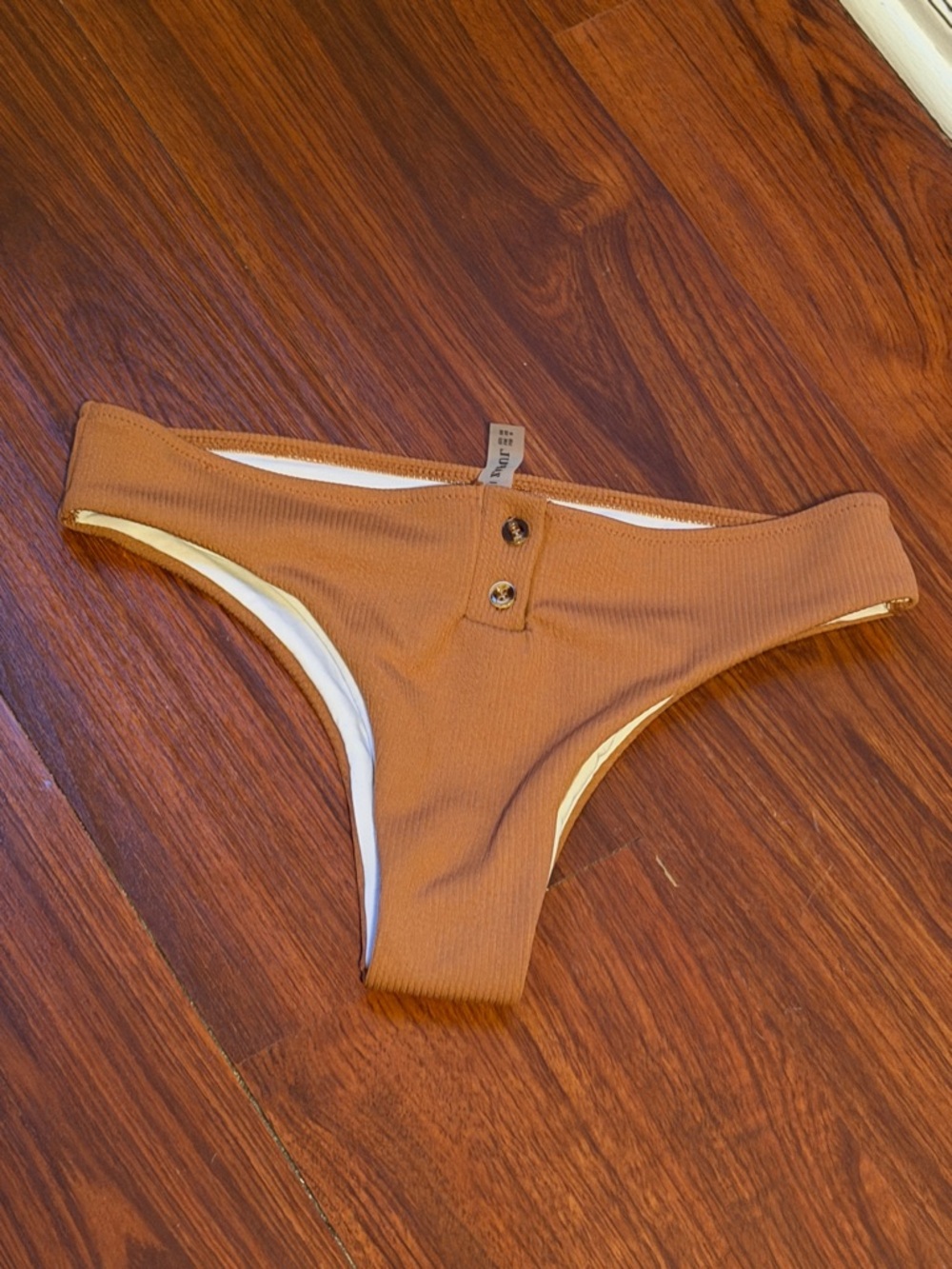 Zaful Brown Ribbed Bikini Bottom with Button Detail